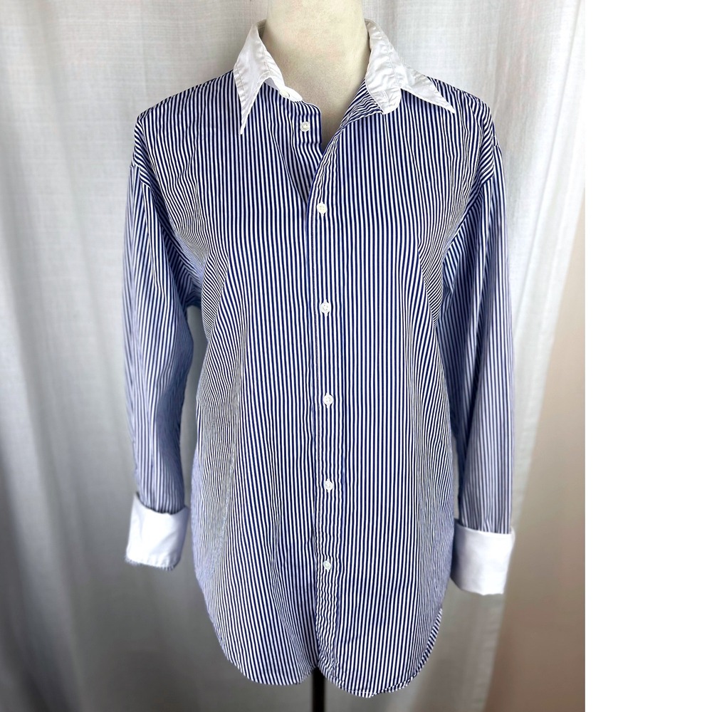 Polo Ralph Lauren Button Down Shirt Blue&White Striped Contrast Collar Size 14